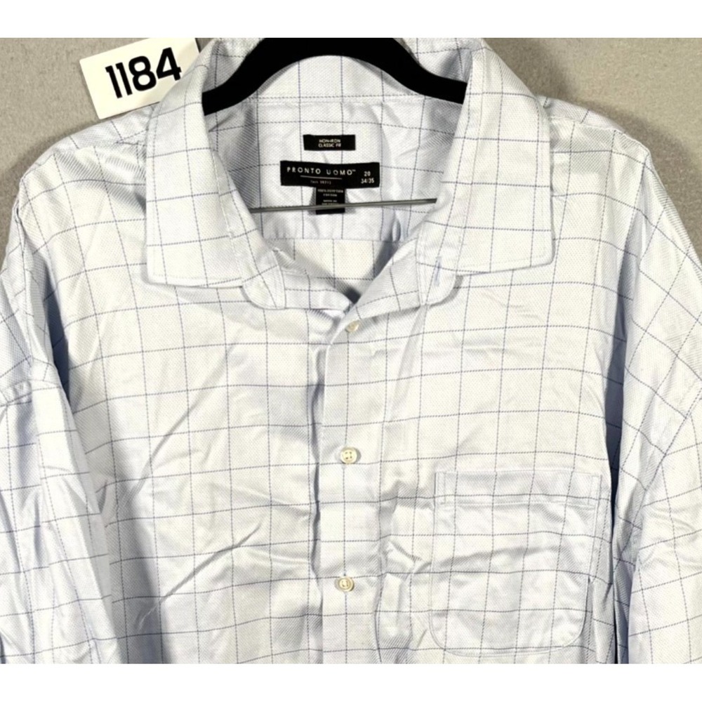 Pronto Uomo Dress Shirt Mens 20 Blue Windowpane Cotton Classic Fit Oxford Formal
